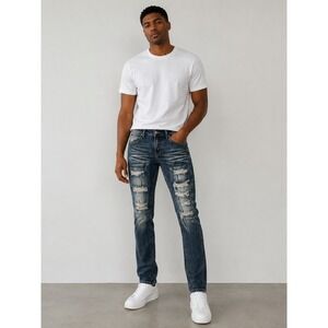 Street Jeans Mens Skinny Fit Distressed Shredded Denim Dark Wash Blue Size‎ 28